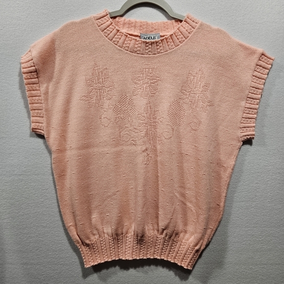 Vintage Adele Knitwear Salmon Pink Floral Pullover Vest Sweater Small Medium USA - Picture 1 of 8